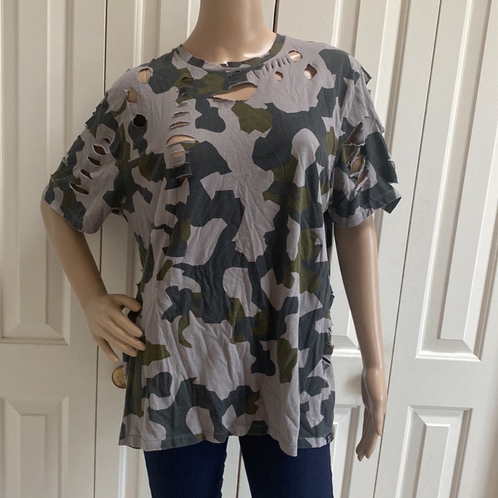 Route 66 Womens Camo Tee With Cut Outs. Grey, black and green.